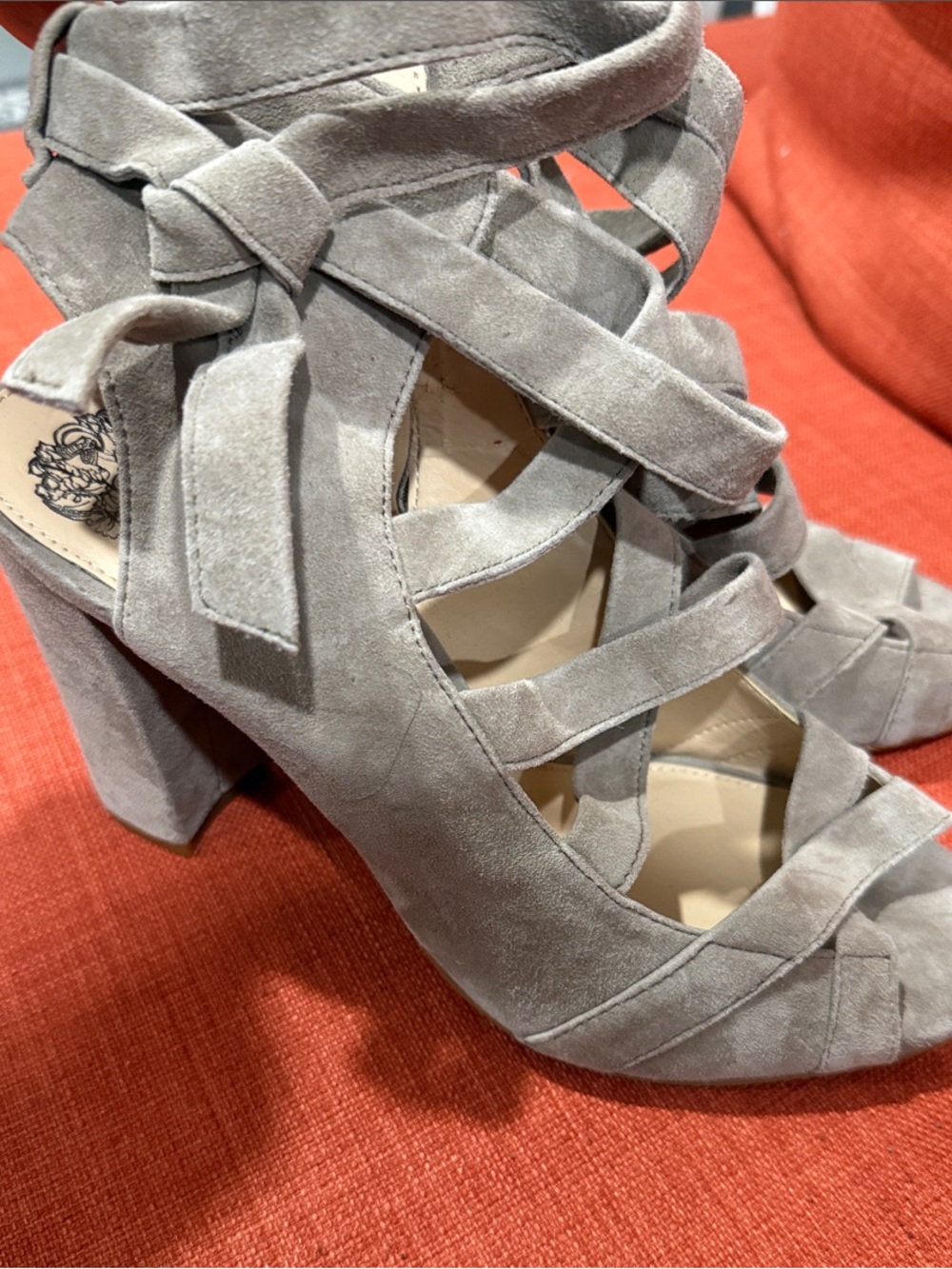 Vince Camuto Gray Suede Strappy Block Heel Sandals